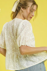Umgee Embroidered Tie Front Peplum Blouse OutfitFlow